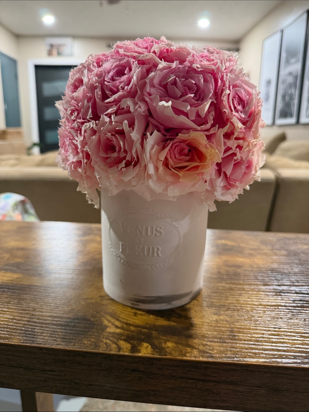 Venus et Fleur Pink Rose Arrangement in White Vase